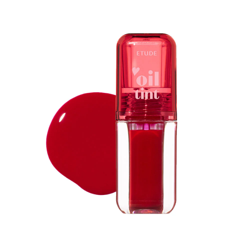 Red lip tint with 'oil tint' text on a white background