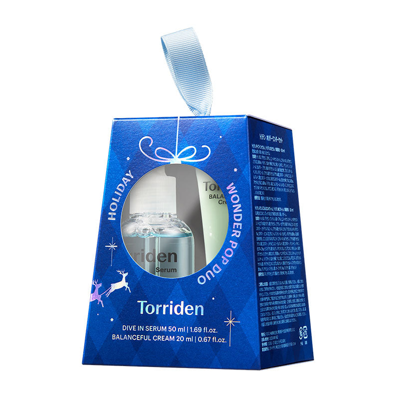 Torriden Holiday Wonder/Pop Duo limited-edition Korean skincare set in festive blue packaging