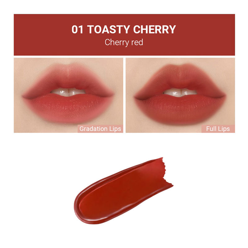 Lipstick shade '01 Toasty Cherry' with close-up of lips wearing it and a swatch.
