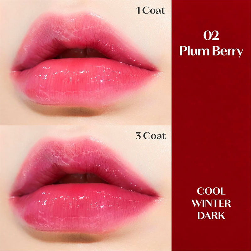 Lipstick color swatch with 'Plum Berry' shade on a red background