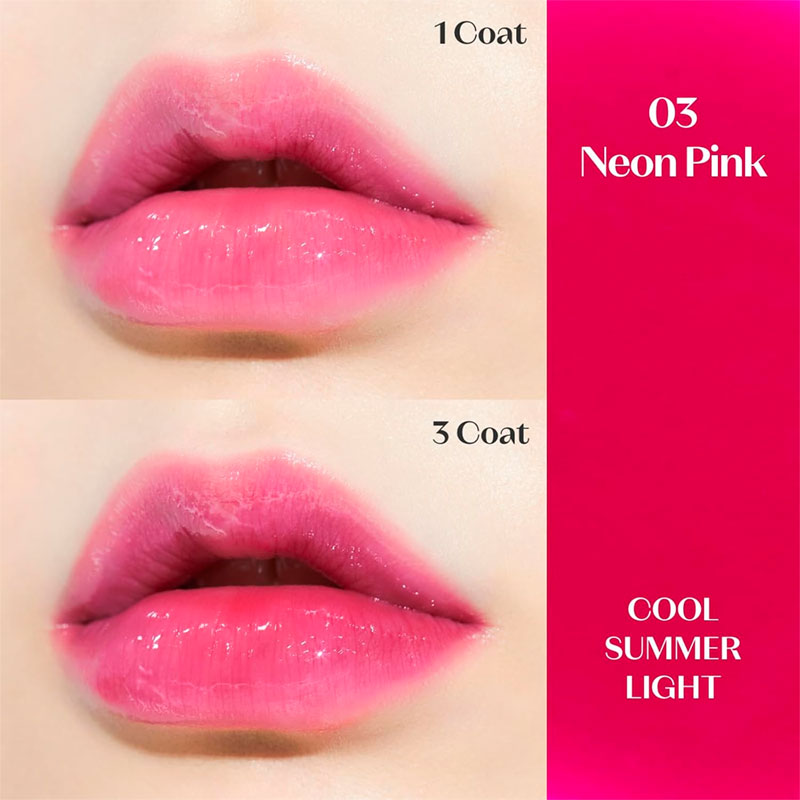 Lips with neon pink lipstick application showing '1 Coat' and '3 Coats' on a pink background.