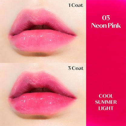Lips with neon pink lipstick application showing '1 Coat' and '3 Coats' on a pink background.