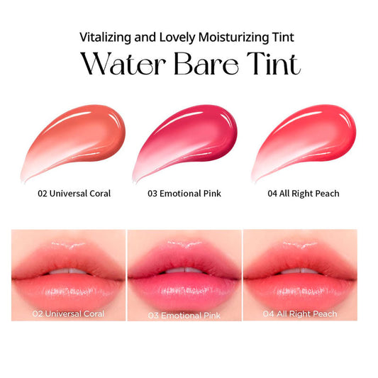 Lip tint swatches and application on lips with product names and colors.